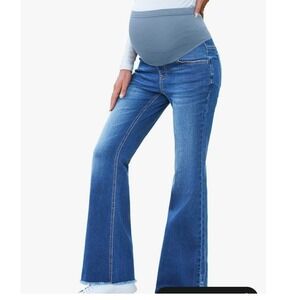 BLENCOT Womens Over Belly Maternity Flare Jeans Frayed Hem Medium Wash Blue Sz L